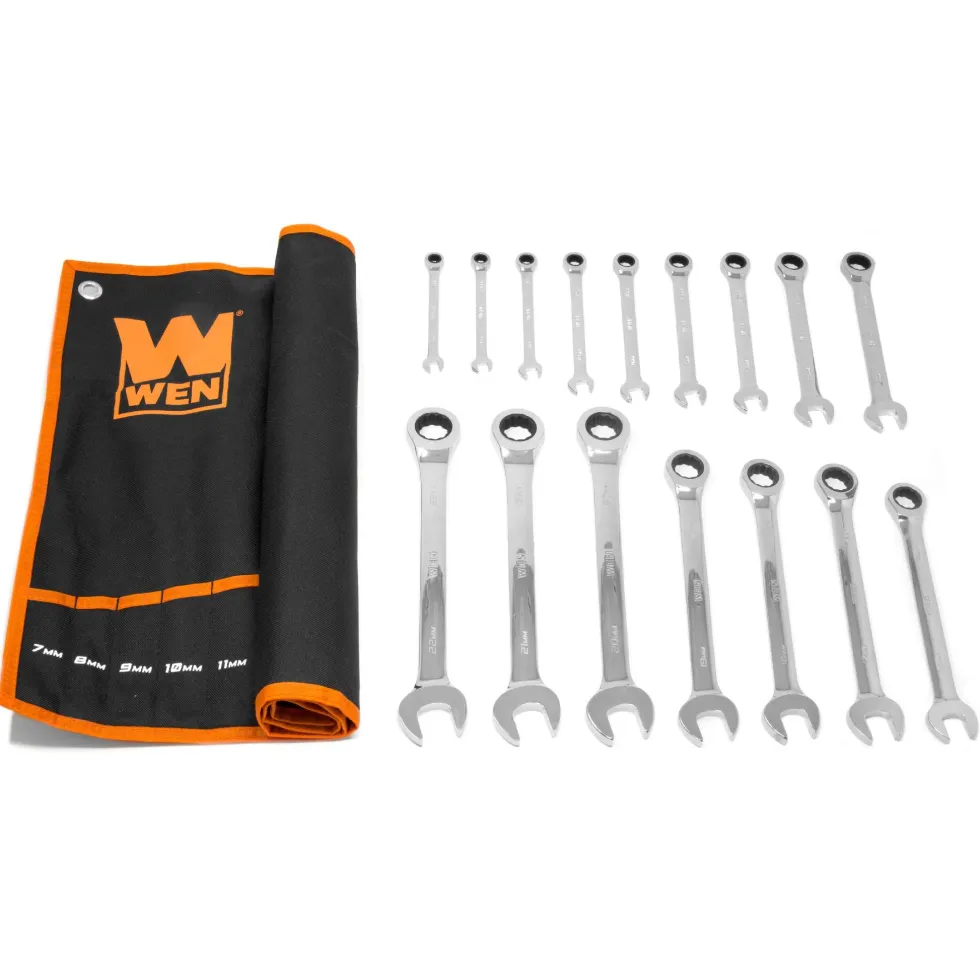 WEN WR161M 16-Piece Professional-Grade Ratcheting Metric Combination Wrench Set with Storage Pouch