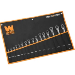 WEN WR161M 16-Piece Professional-Grade Ratcheting Metric Combination Wrench Set with Storage Pouch